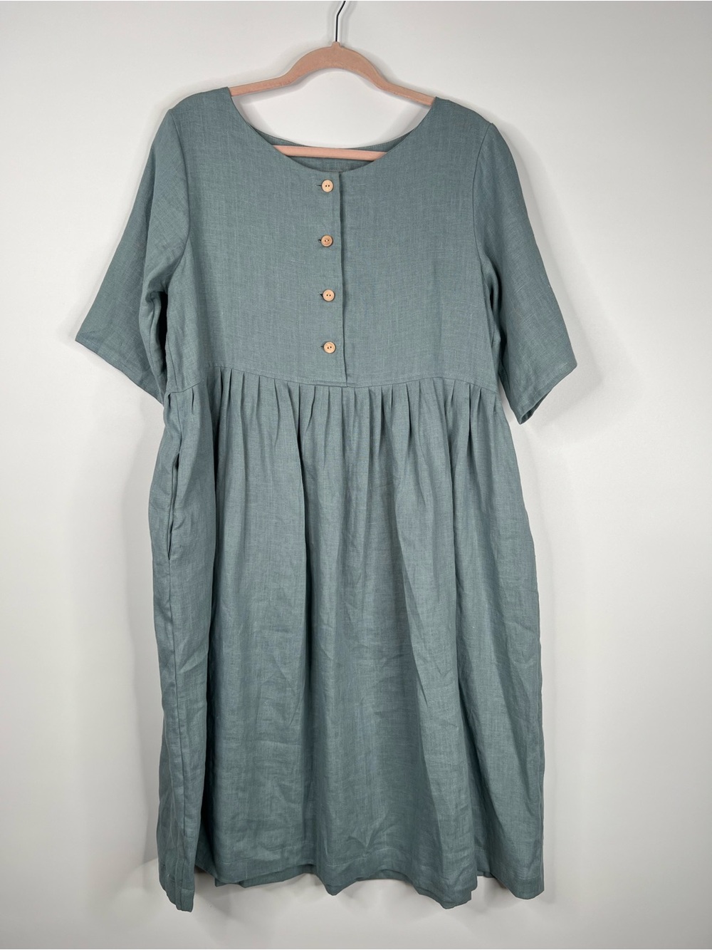 Meetra Linen Dress Button-Front Blue Sage Relaxed Half Sleeve Oversized Medium